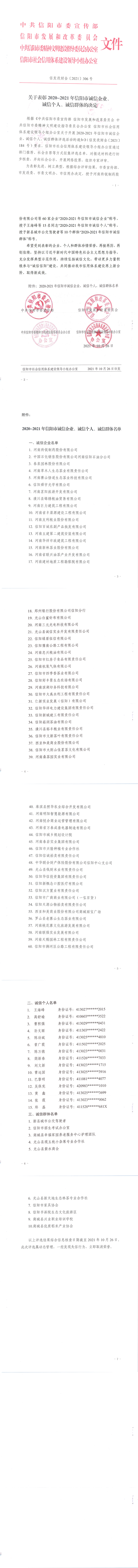 关于表彰2020-2021年信阳市诚信企业、诚信个人、诚信群体的决定